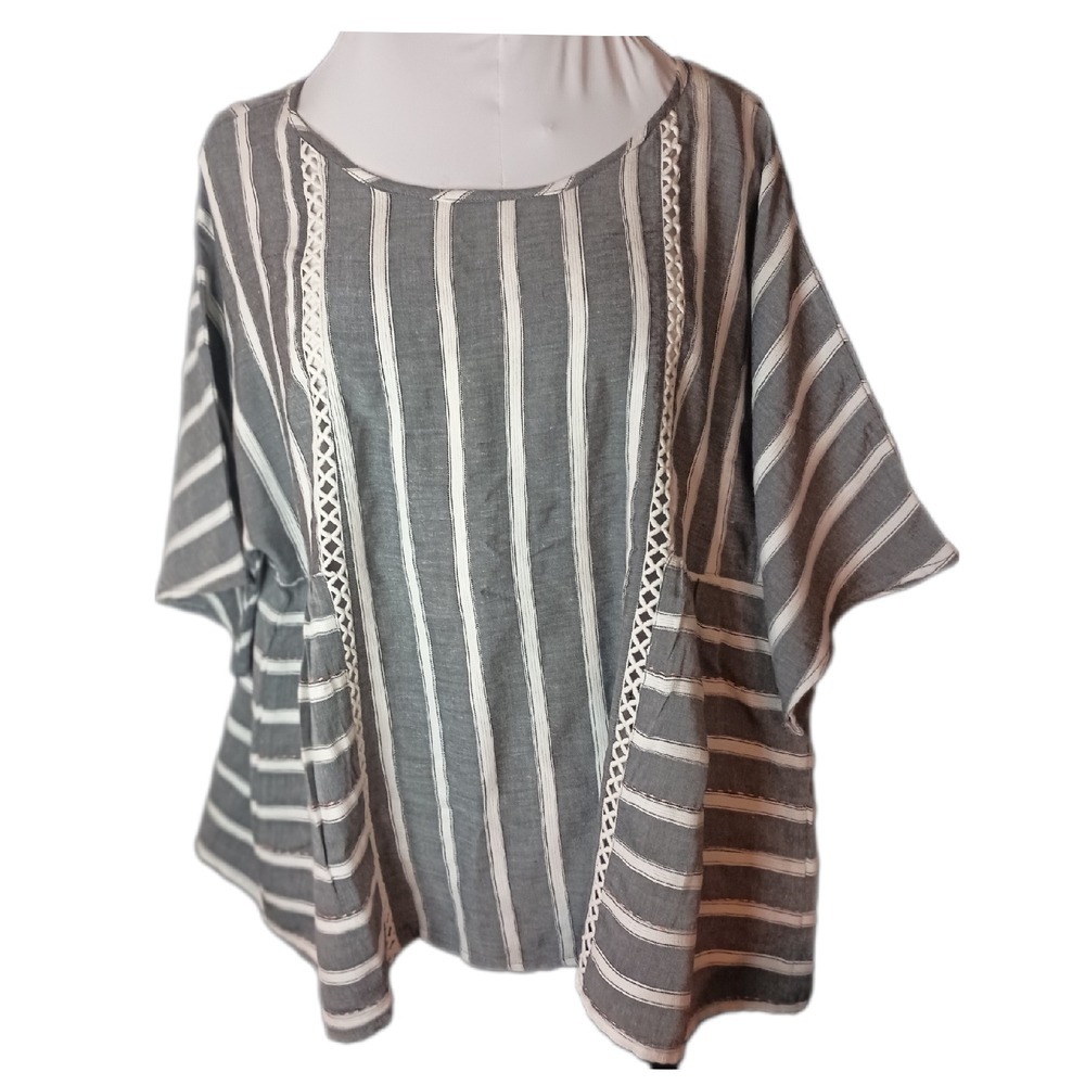 World Market Striped Tunic Top Crochet Trim Boho Blouse Gray Size L